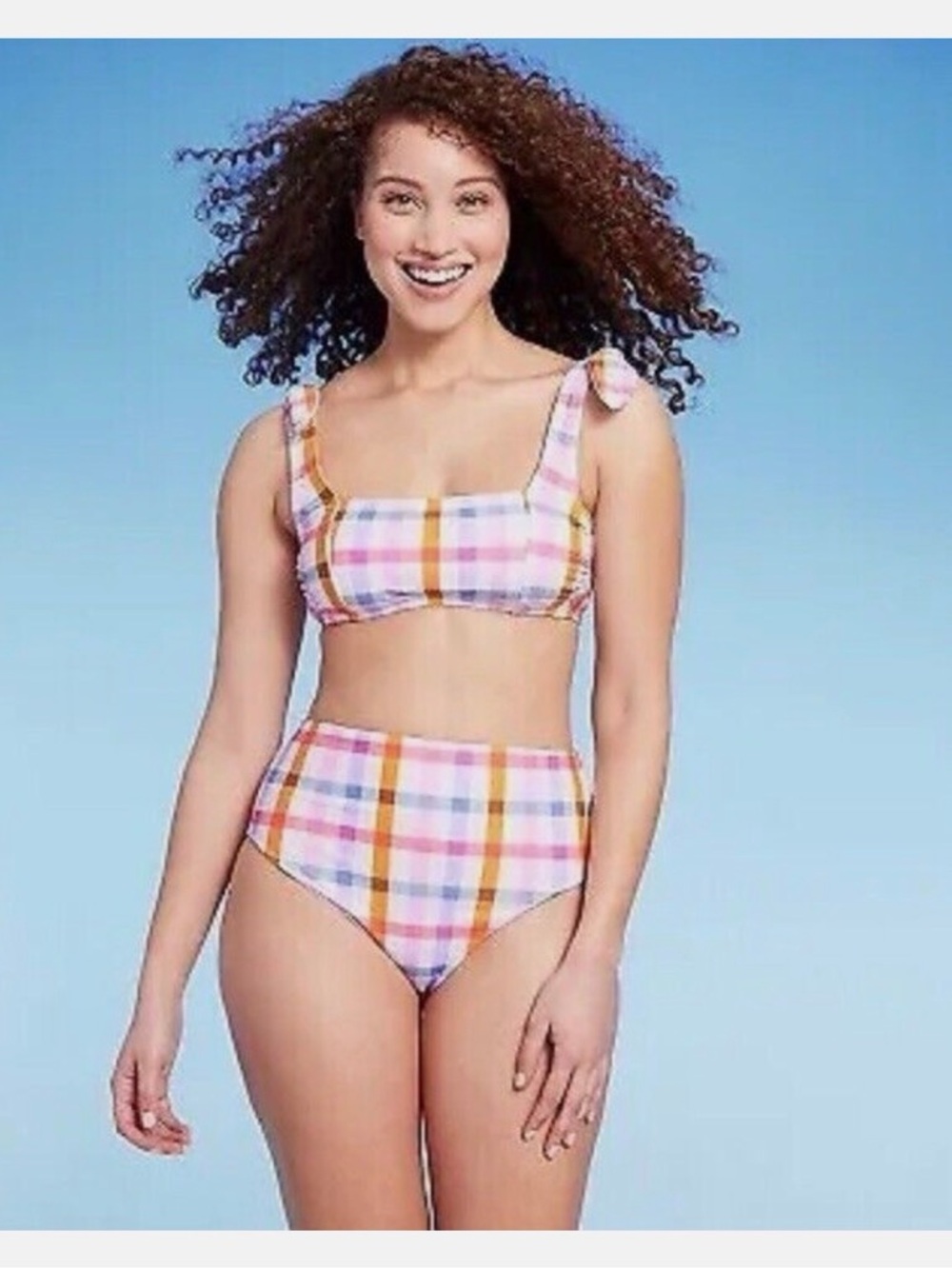 Kona Sol Bikini Plaid Medium Coverage High Waisted bottom. & top - NWT